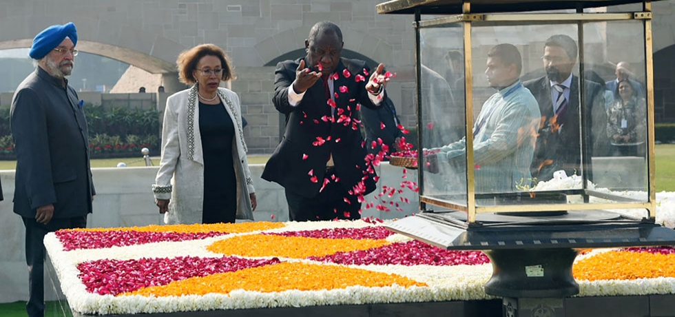 President Ramaphosa offering floral tributes at Raj Ghat, the Samadhi of Mahatma Gandhi- Jan 25, 2019